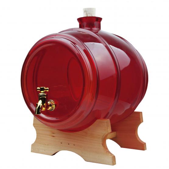Szklana beczułka na alkohole. Zamykana na korek. Stabilna, z grubego szkła w kolorze czerwonym. Karafka posiada poręczny kranik ułatwiający dozowanie płynu. Idealna na prezent oraz do domowego użytku.