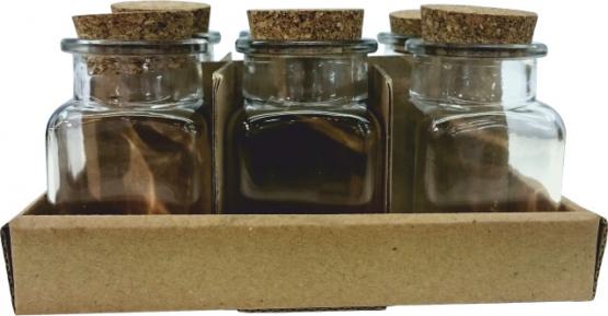 Pojemnik szklany z korkiem, znajduje zastosowanie w przechowywaniu różnych artykułów spożywczych.