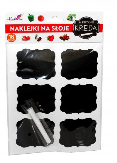 Zestaw 18 naklejek idealnych do opisania słoi. Dodatkowo w zestawie znajduje się kreda. Naklejki można wielokrotnie podpisywać dzięki zmywalnej kredzie.