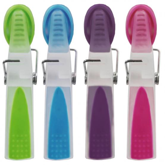 Komplet 10 sztuk kolorowych spinaczy do bielizny wykonanych z plastiku, posiadających antypoślizgowe elementy ułatwiające użytkowanie. Sprawdzą się w zastosowaniu domowym oraz na potrzeby pralni i hoteli.