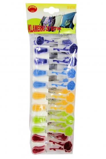 Komplet kolorowych spinaczy do bielizny wykonanych z plastiku, posiadających antypoślizgowe elementy ułatwiające użytkowanie. Sprawdzą się w zastosowaniu domowym oraz na potrzeby pralni i hoteli.