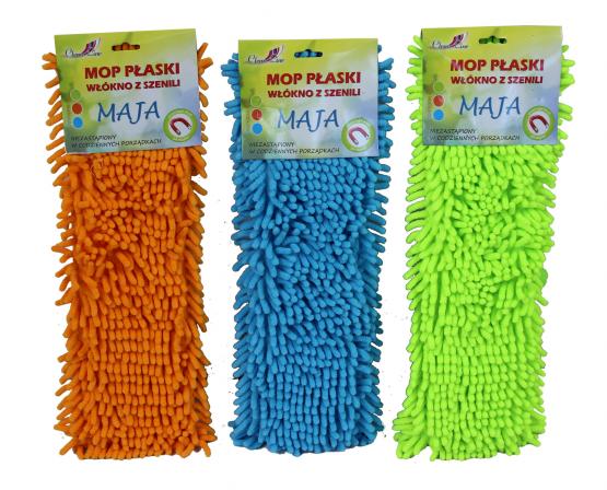 Mop płaski z szenili doskonale chłonie i zbiera zanieczyszczenia. Wytrzymały, wielokrotnego użytku mop usunie nawet największe zabrudzenia, nie niszcząc przy tym powierzchni. 