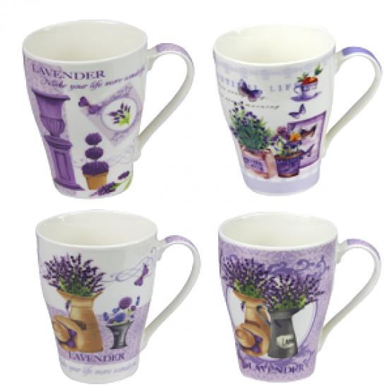 Porcelanowe kubki o pojemności 360 ml w czterech lawendowych wzorach