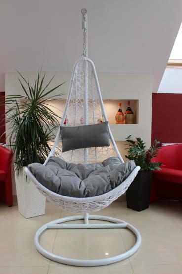 Fotel Wiszący Połówka Garden Line Biały z Ciemnoszarą Poduszką i Białą Ramą