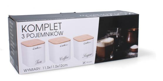 KOMPLET 3 POJEMNIKÓW NA HERBATĘ, KAWĘ, CUKIER KOLOR BIAŁY (11,5x11,5x12cm)