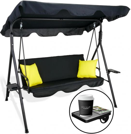 HUŚTAWKA OGRODOWA A-TYPE 170 x 110 x 153 cm CZARNA Z ŻÓŁTYMI POD. I PODSTAWKAMI NA KUBEK 