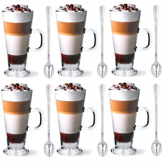 KOMPLET 6 SZT SZKLANEK DO KAWY LATTE + ŁYŻECZKI