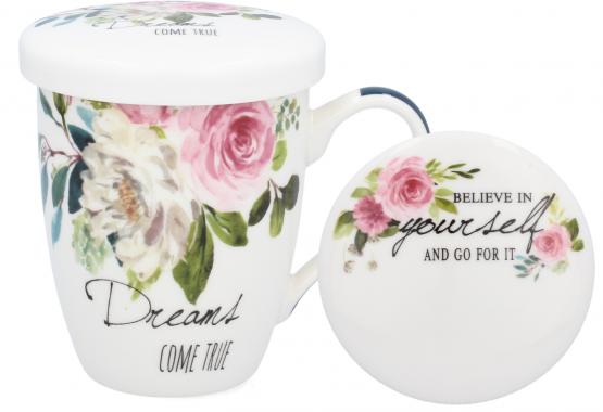 KUBEK PORCELANOWY Z ZAPARZACZEM I POKRYWKĄ 340 ML BUKIET