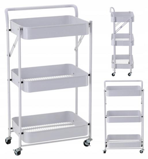 REGAŁ MOBILNY NA KÓŁKACH 3 POZIOMOWY SKŁADANY BIAŁY 88 x 45 x 29,5 cm 