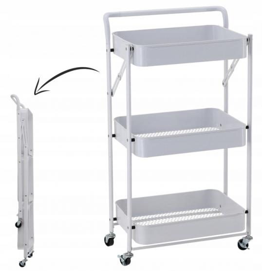 REGAŁ MOBILNY NA KÓŁKACH 3 POZIOMOWY SKŁADANY BIAŁY 88 x 45 x 29,5 cm 