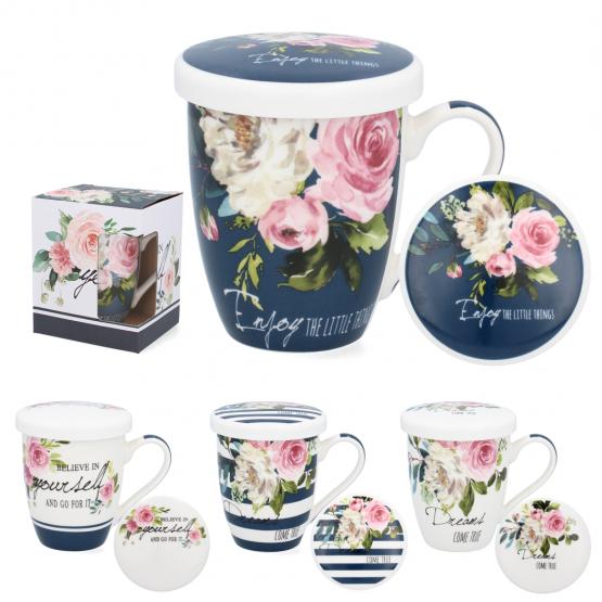 KUBEK PORCELANOWY Z ZAPARZACZEM I POKRYWKĄ 340 ML BUKIET