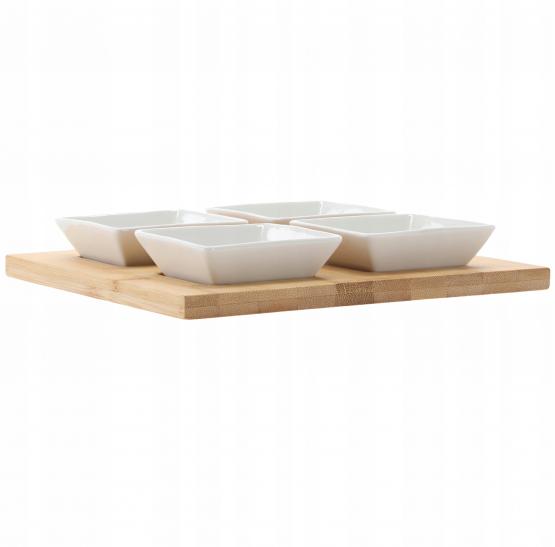 KPL. DO SERWOWANIA PRZYSTAWEK - 4 MISECZKI KWADRATOWE PORCELANOWE Z BAMBUSOWĄ DESKĄ 22x22x3,5CM 