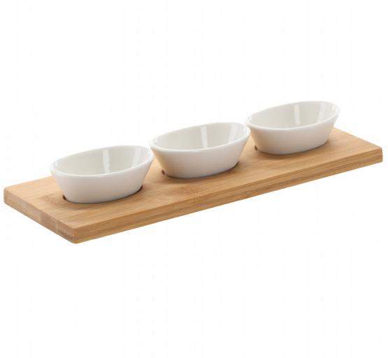 KPL. DO SERWOWANIA PRZYSTAWEK - 3 MISECZKI PORCELANOWE Z BAMBUSOWĄ DESKĄ 28x10x5CM 