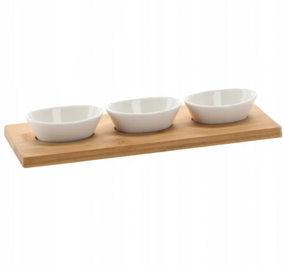 KPL. DO SERWOWANIA PRZYSTAWEK - 3 MISECZKI PORCELANOWE Z BAMBUSOWĄ DESKĄ 28x10x5CM 