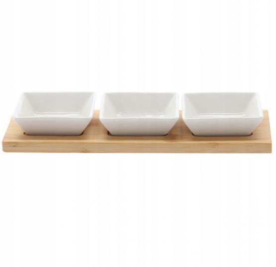KPL. DO SERWOWANIA PRZYSTAWEK - 3 MISECZKI KWADRATOWE PORCELANOWE Z BAMBUSOWĄ DESKĄ 28x10x3CM 