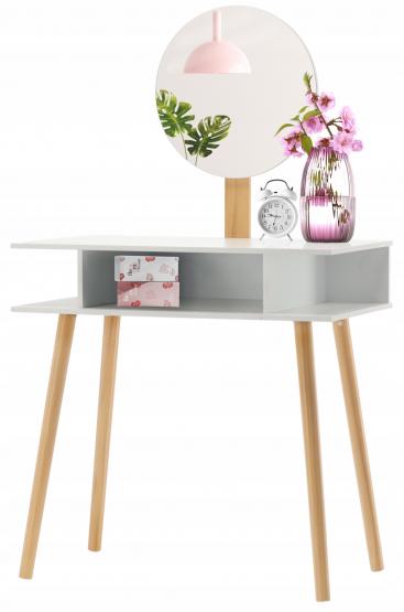 TOALETKA DO WIZAŻU BIAŁA RETRO Z OKRĄGŁYM LUSTREM +TABORET 