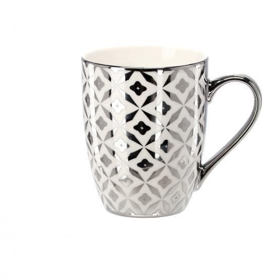 KUBEK PORCELANOWY SREBRNO-BIAŁY 340ML MIX WZORÓW 