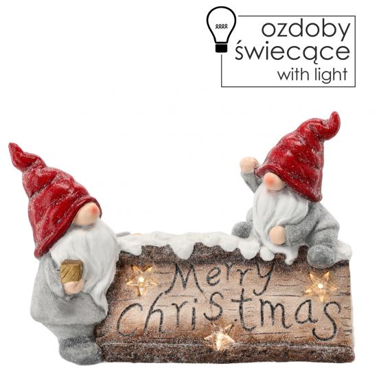 GOT1573 FIGURKA BOŻONAR. - SKRZATY NA PNIU Z NAPISEM MERRY CHRISTMAS 28.5 CM LED