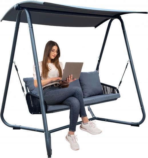 HUŚTAWKA OGRODOWA Z PLECIONYMI PODŁOKIETNIKAMI 180 x 139 x 185 CM ANTRACYTOWA PREMIUM 