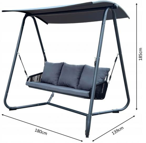 HUŚTAWKA OGRODOWA Z PLECIONYMI PODŁOKIETNIKAMI 180 x 139 x 185 CM ANTRACYTOWA PREMIUM 