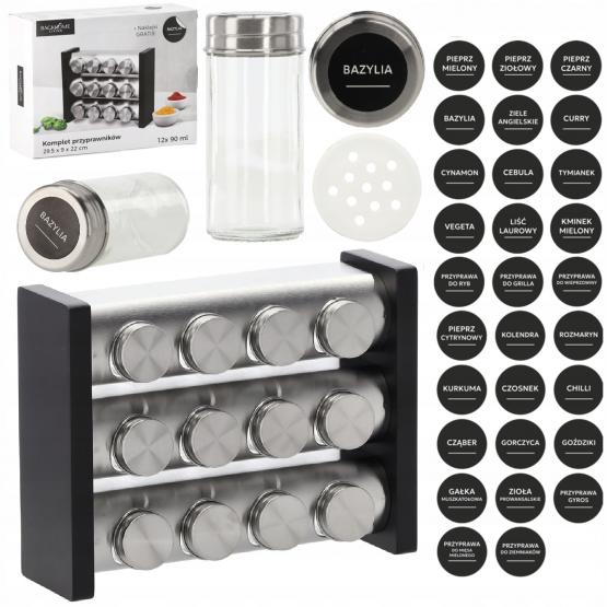 PRZYPRAWNIK TRZYPOZIOMOWY 29,5 x 9 x 22 CM 12 SŁOICZKÓW SREBRNO-CZARNY