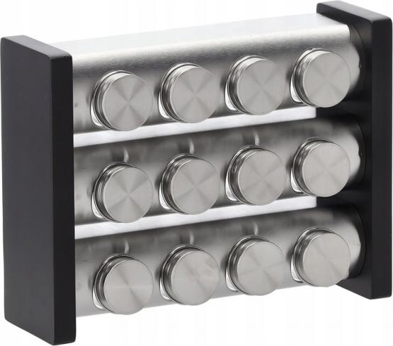 PRZYPRAWNIK TRZYPOZIOMOWY 29,5 x 9 x 22 CM 12 SŁOICZKÓW SREBRNO-CZARNY