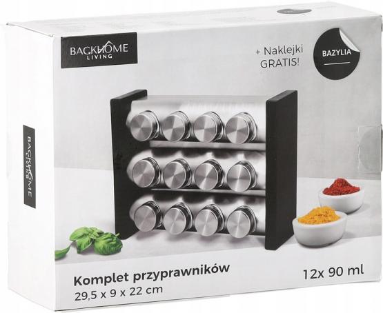 PRZYPRAWNIK TRZYPOZIOMOWY 29,5 x 9 x 22 CM 12 SŁOICZKÓW SREBRNO-CZARNY