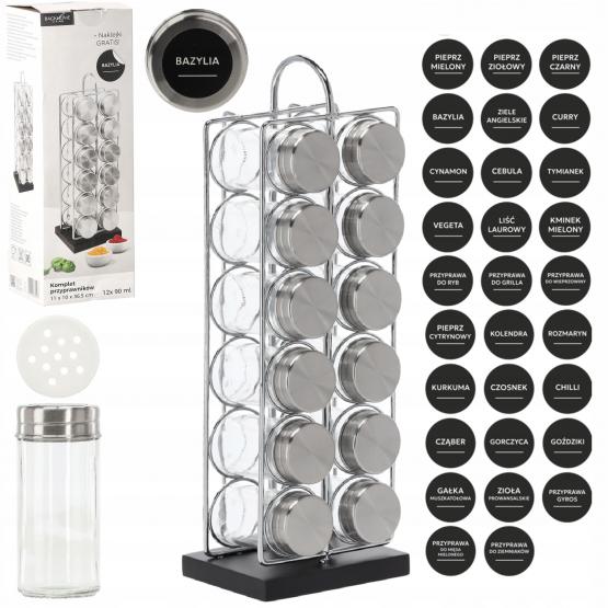 PRZYPRAWNIK PROSTOKĄTNY 11 x 10 x 36,5 CM Z RĄCZKĄ 12 SŁOICZKÓW SREBRNO-CZARNY 