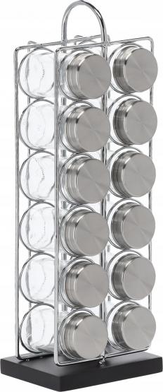 PRZYPRAWNIK PROSTOKĄTNY 11 x 10 x 36,5 CM Z RĄCZKĄ 12 SŁOICZKÓW SREBRNO-CZARNY 