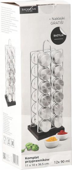 PRZYPRAWNIK PROSTOKĄTNY 11 x 10 x 36,5 CM Z RĄCZKĄ 12 SŁOICZKÓW SREBRNO-CZARNY 