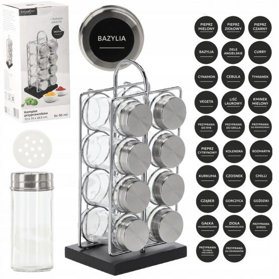 PRZYPRAWNIK PROSTOKĄTNY 12 x 10 x 26,5 CM Z RĄCZKĄ 8 SŁOICZKÓW SREBRNO-CZARNY