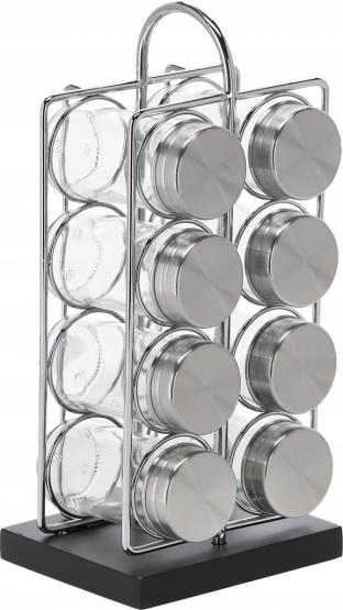 PRZYPRAWNIK PROSTOKĄTNY 12 x 10 x 26,5 CM Z RĄCZKĄ 8 SŁOICZKÓW SREBRNO-CZARNY