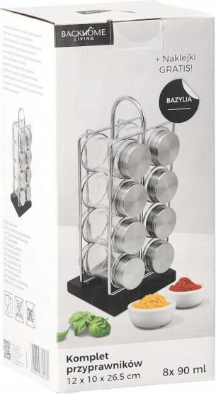 PRZYPRAWNIK PROSTOKĄTNY 12 x 10 x 26,5 CM Z RĄCZKĄ 8 SŁOICZKÓW SREBRNO-CZARNY