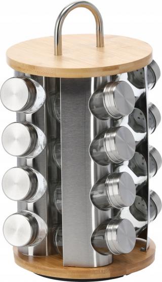 PRZYPRAWNIK OKRĄGŁY 18 x 33 CM Z RĄCZKĄ 16 SŁOICZKÓW BAMBUSOWO-SREBRNY