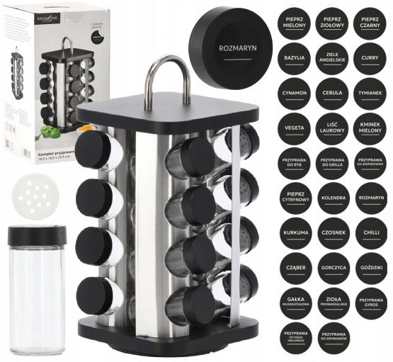 PRZYPRAWNIK KWADRATOWY 16,5 x 16,5 x 33,5 CM Z RĄCZKĄ 16 SŁOICZKÓW CZARNO-SREBRNY