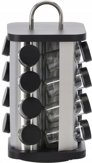 PRZYPRAWNIK KWADRATOWY 16,5 x 16,5 x 33,5 CM Z RĄCZKĄ 16 SŁOICZKÓW CZARNO-SREBRNY