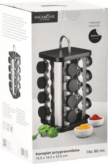 PRZYPRAWNIK KWADRATOWY 16,5 x 16,5 x 33,5 CM Z RĄCZKĄ 16 SŁOICZKÓW CZARNO-SREBRNY