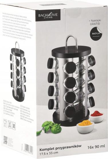 PRZYPRAWNIK OKRĄGŁY 17,5 x 33 CM Z RĄCZKĄ 16 SŁOICZKÓW CZARNO-SREBRNY