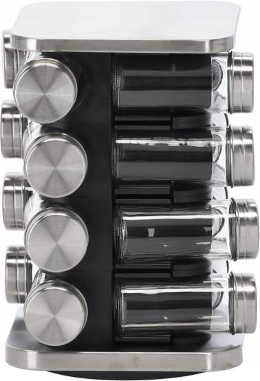 PRZYPRAWNIK KWADRATOWY 15,5 x 15,5 x 24 CM 16 SŁOICZKÓW CZARNO-SREBRNY