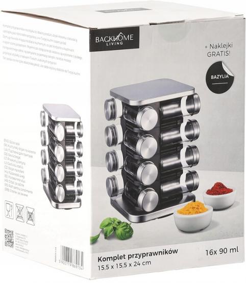 PRZYPRAWNIK KWADRATOWY 15,5 x 15,5 x 24 CM 16 SŁOICZKÓW CZARNO-SREBRNY