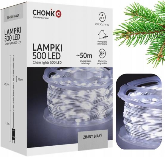 LAMPKI LED MICRO NA SZPULI 500L ZIMNY BIAŁY, DŁ. 3 + 50 M