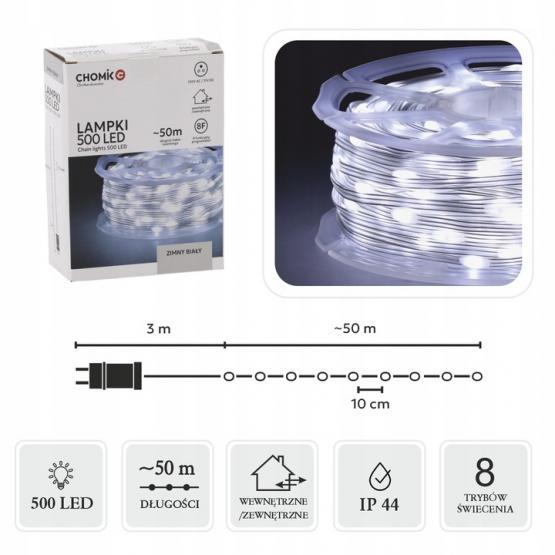 LAMPKI LED MICRO NA SZPULI 500L ZIMNY BIAŁY, DŁ. 3 + 50 M