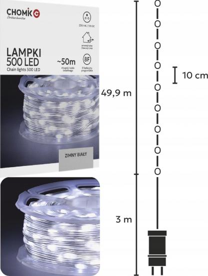 LAMPKI LED MICRO NA SZPULI 500L ZIMNY BIAŁY, DŁ. 3 + 50 M