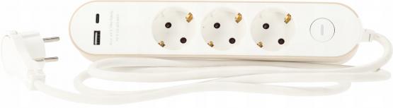 PRZEDŁUŻACZ LISTWA ZASILAJĄCA Z WYŁĄCZNIKIEM 3 GNIAZDA 230V I 2 GNIAZDA USB 1,5 M BIAŁA