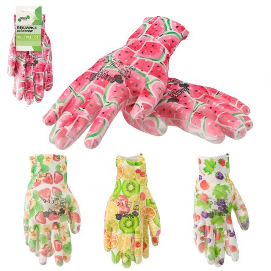 RĘKAWICE OCHRONNE 7 DZIANE WZÓR OWOCE Z POLIESTRU POKRYTE POLIURETANEM