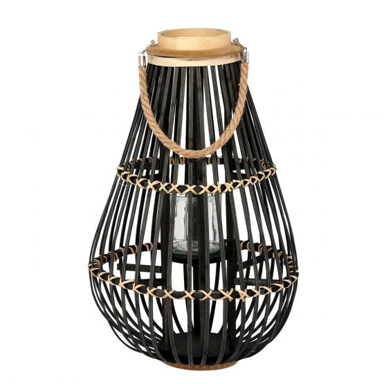 LAMPION DREWNIANY 32 x 57 CM Z WKŁADEM SZKLANYM - CZARNY