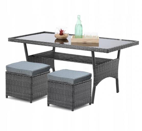 ZESTAW MEBLI OGRODOWYCH NAROŻNIK STÓŁ PUFY RATTAN SZARY