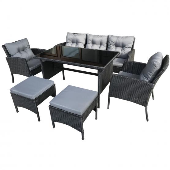 ZESTAW MEBLI RATTANOWYCH CZARNY SOFA 2 KRZESŁA PUFY STÓŁ PODUSZKI