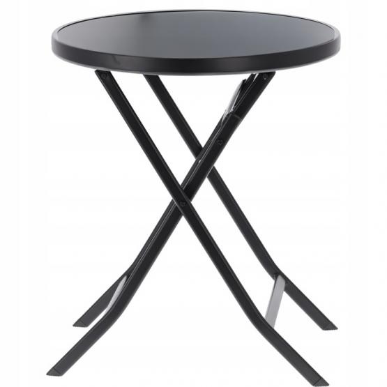 OKRĄGŁY STÓŁ OGRODOWY SKŁADANY STALOWY ZE SZKLANYM BLATEM 60 CM CZARNY