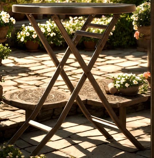 OKRĄGŁY STÓŁ OGRODOWY SKŁADANY STALOWY ZE SZKLANYM BLATEM 60 CM CZARNY